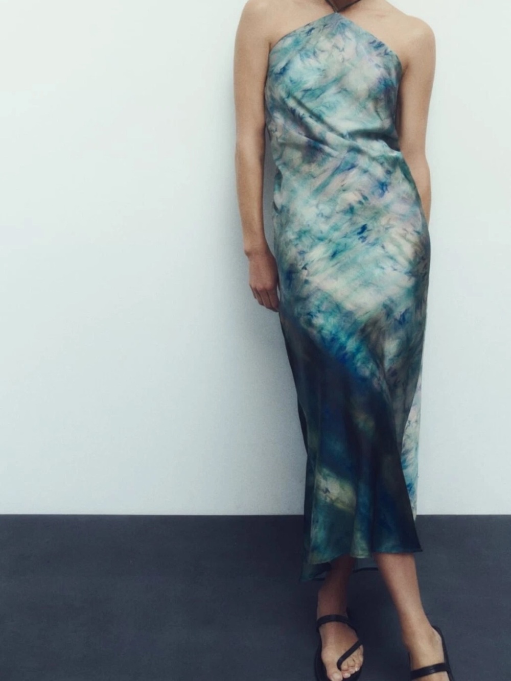 Zara halter neck Tie-Dye Slip Dress in Teal and Blue